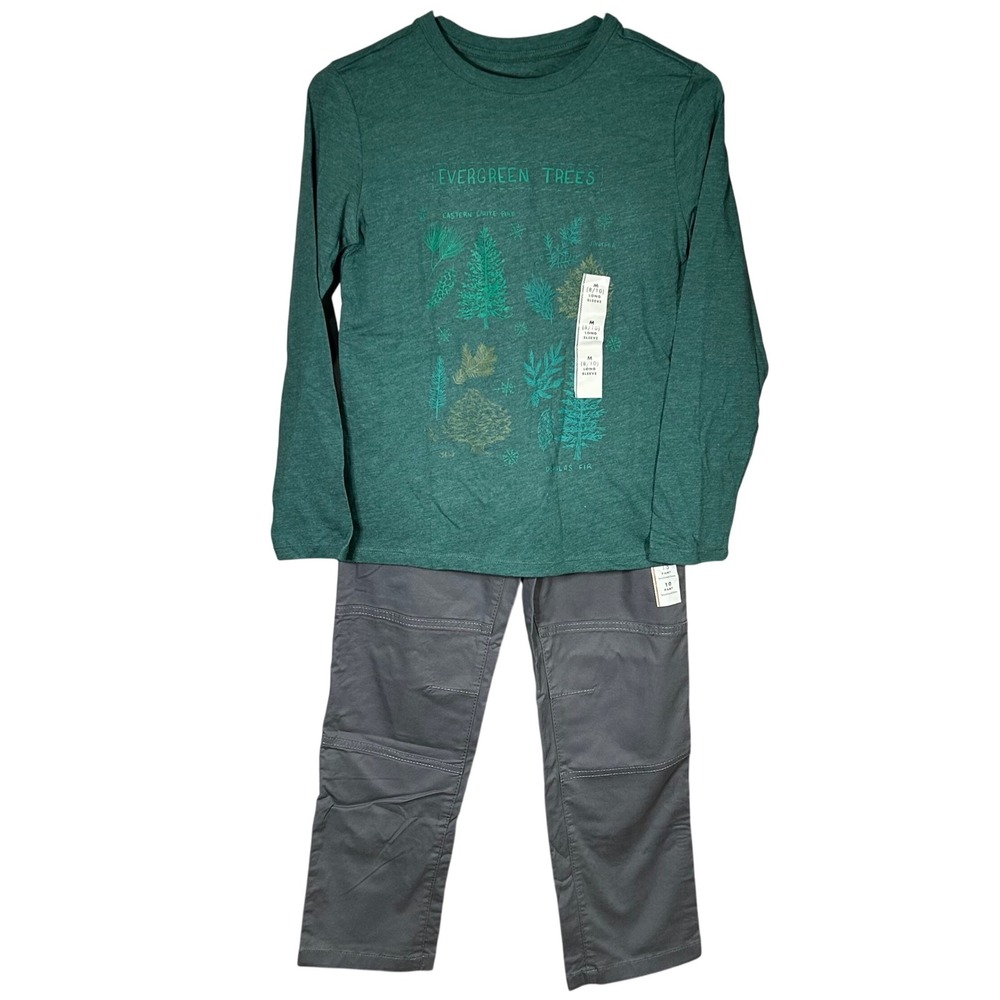 Cat & Jack Boys Outfit Set Long Sleeve Evergreen Trees Green Shirt Gray Pants